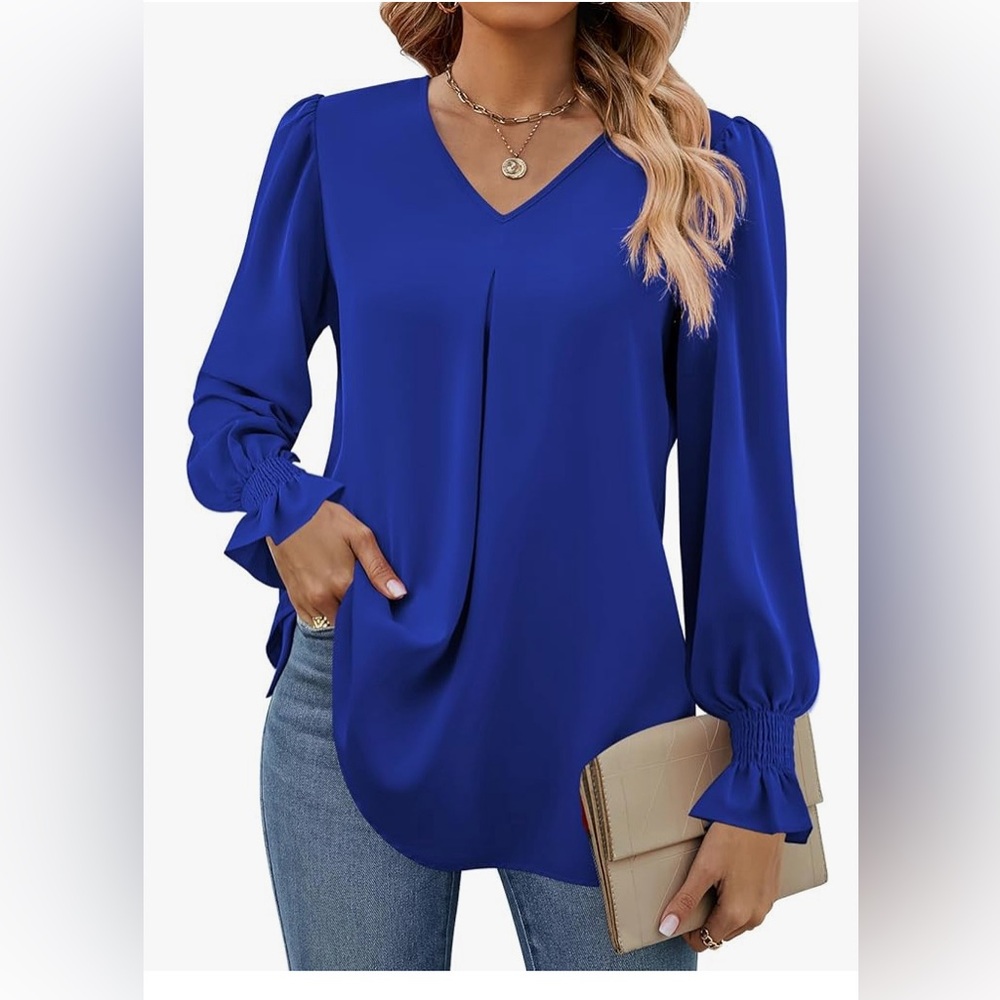 Women's Royal Blue V-Neck Long Sleeve Blouse